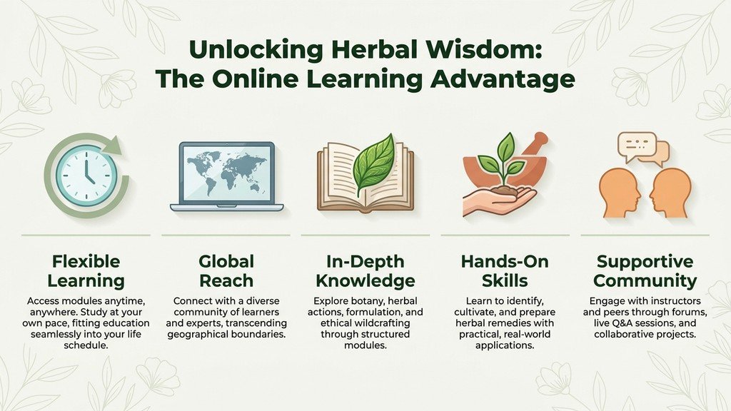 Student studying an online herbal medicine course on a laptop surrounded by fresh herbs
