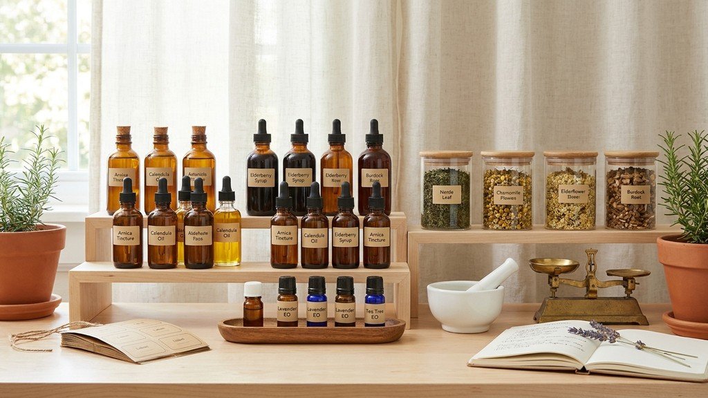 A well organized vegan home pharmacy with labeled glass jars and tinctures