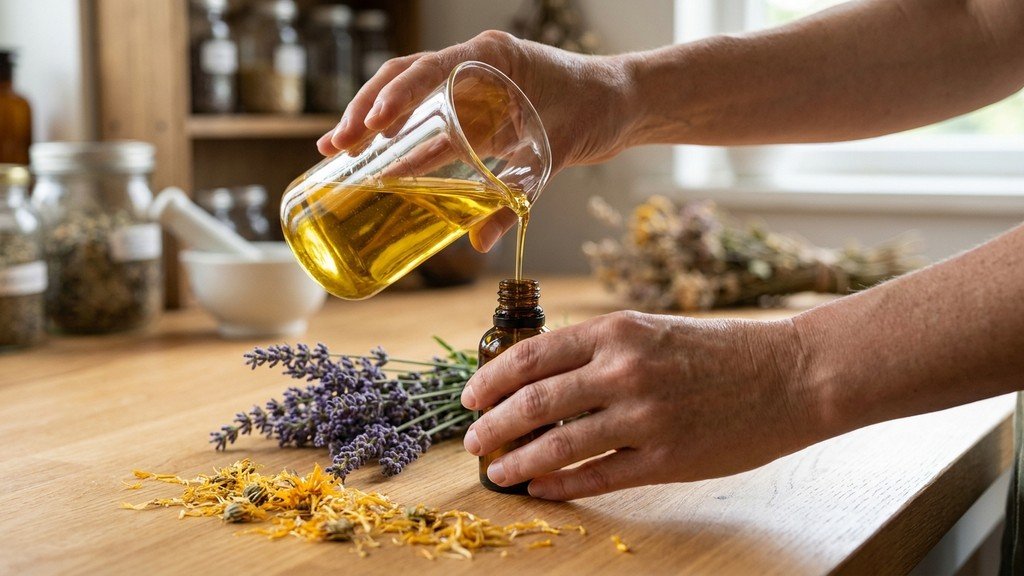 Student mixing essential oils and herbs for a botanical recipe