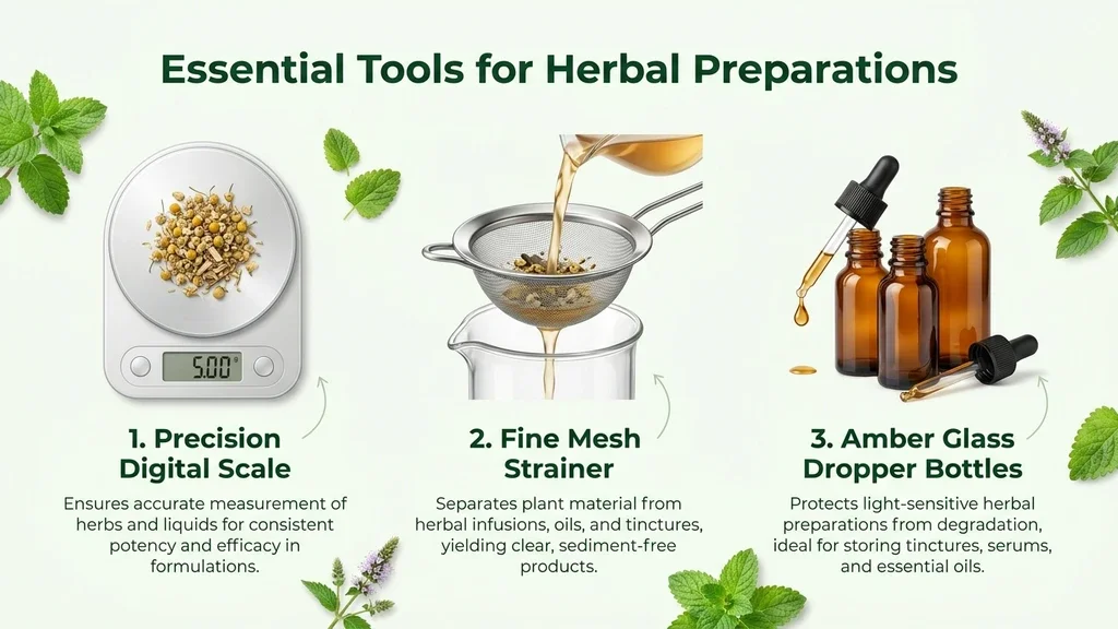 Herbal medicine preparation tools including amber bottles and a measuring scale