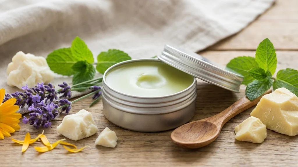 Plant-based herbal salve in a tin surrounded by fresh herbs