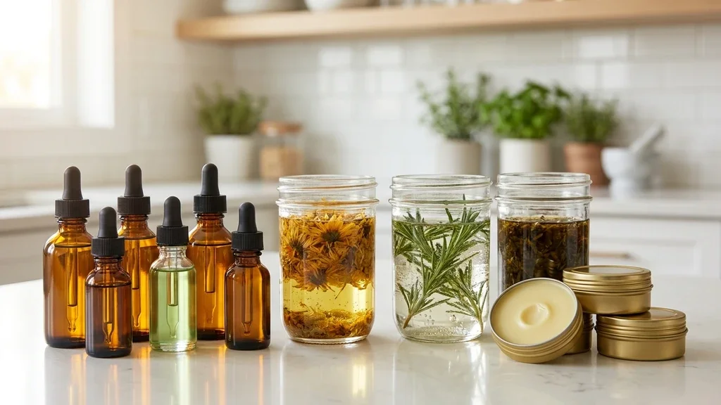 Learn more about the Gemini Pro Various glass jars and dropper bottles filled with homemade herbal tinctures and ointments