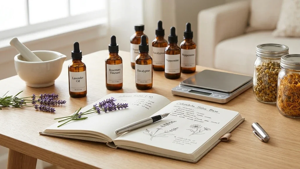 A practitioner taking notes next to botanical tinctures
