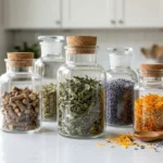 Glass jars filled with various dried gut health herbs and a wooden spoon