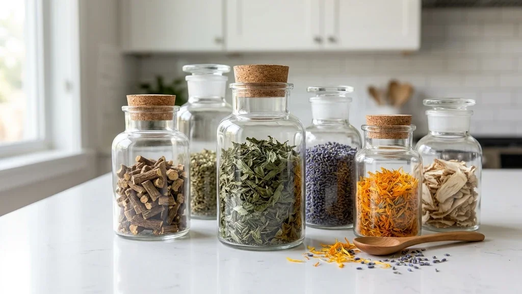 Glass jars filled with various dried gut health herbs and a wooden spoon