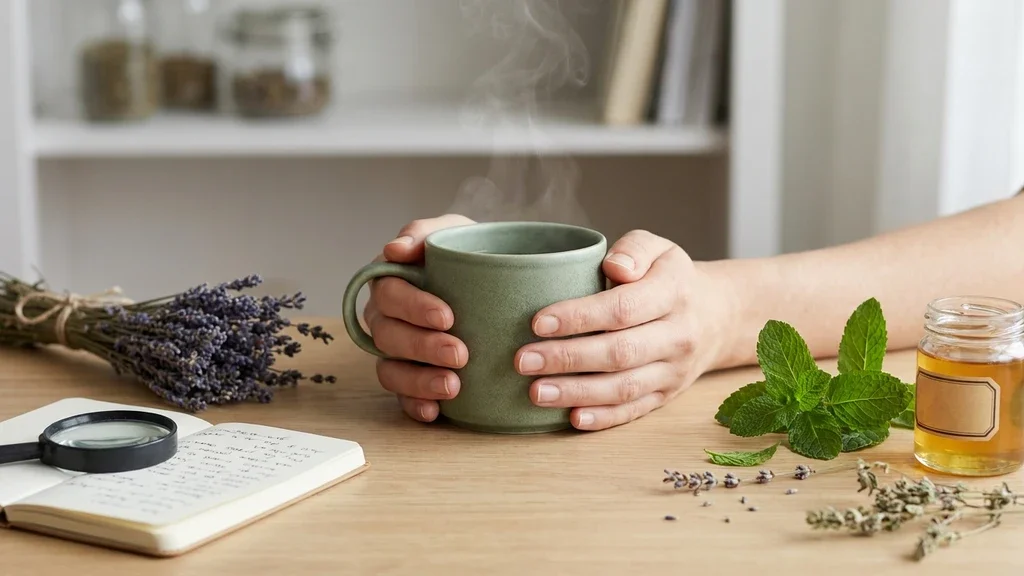 A person holding a cup of herbal tea surrounded by plants