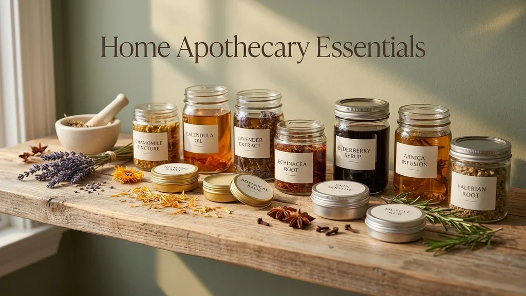 Glass jars filled with herbal tinctures and vegan salves