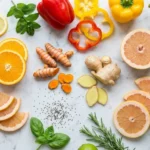 A vibrant assortment of vitamin C rich fruits and anti inflammatory spices