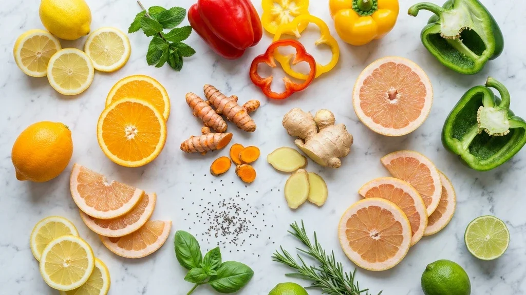 A vibrant assortment of vitamin C rich fruits and anti inflammatory spices