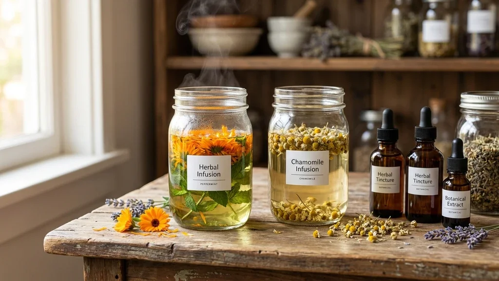 Glass jars filled with herbal infusions and tinctures in a natural apothecary