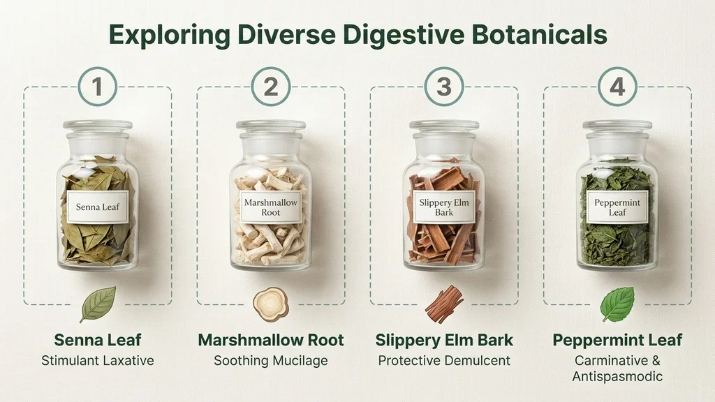 Assortment of herbs for digestion in glass jars