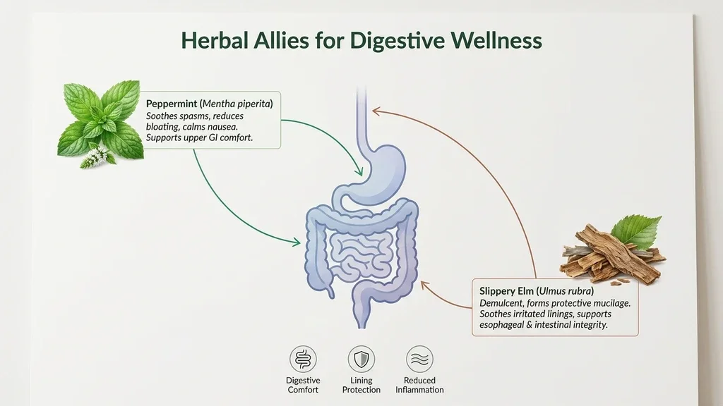 Fresh botanical herbs arranged on a wooden table for digestive health