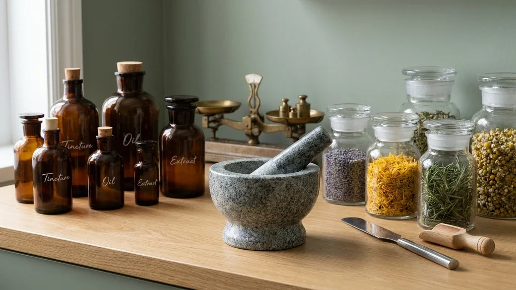 Glass amber bottles and a mortar and pestle for herbal remedies