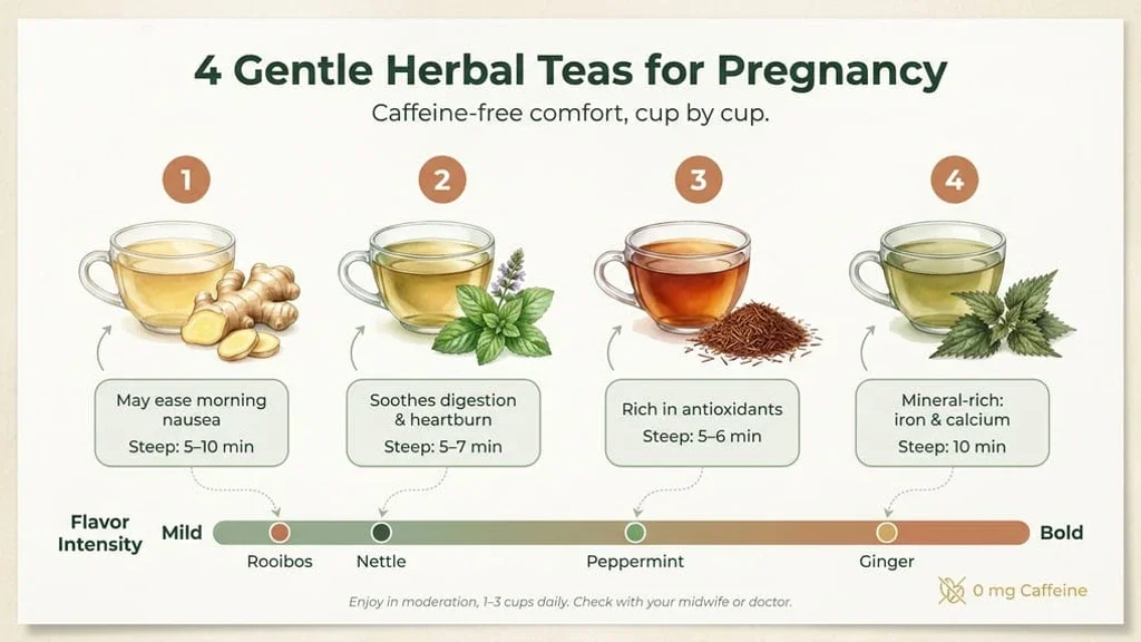 Placed in the herbal teas section after the list of gentle pregnancy-friendly teas such as ginger, peppermint, rooibos and nettle. Cups of ginger, peppermint, rooibos and nettle herbal teas with fresh and dried herbs