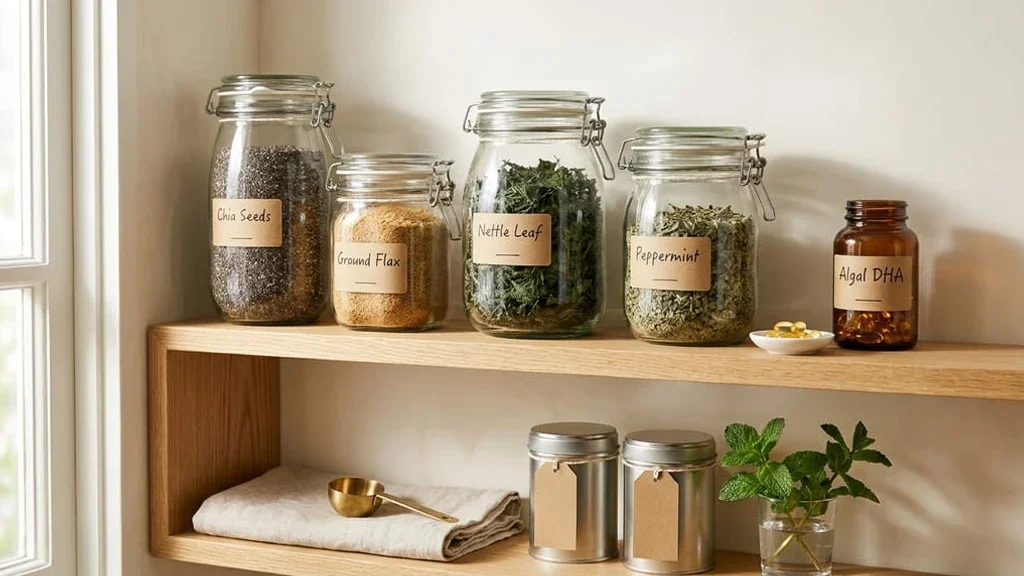 Placed after the practical steps for building a pregnancy-friendly natural pantry with seeds, algal DHA and labeled tea blends. Home apothecary shelf with labeled jars of seeds, dried herbs and a bottle of algae supplement